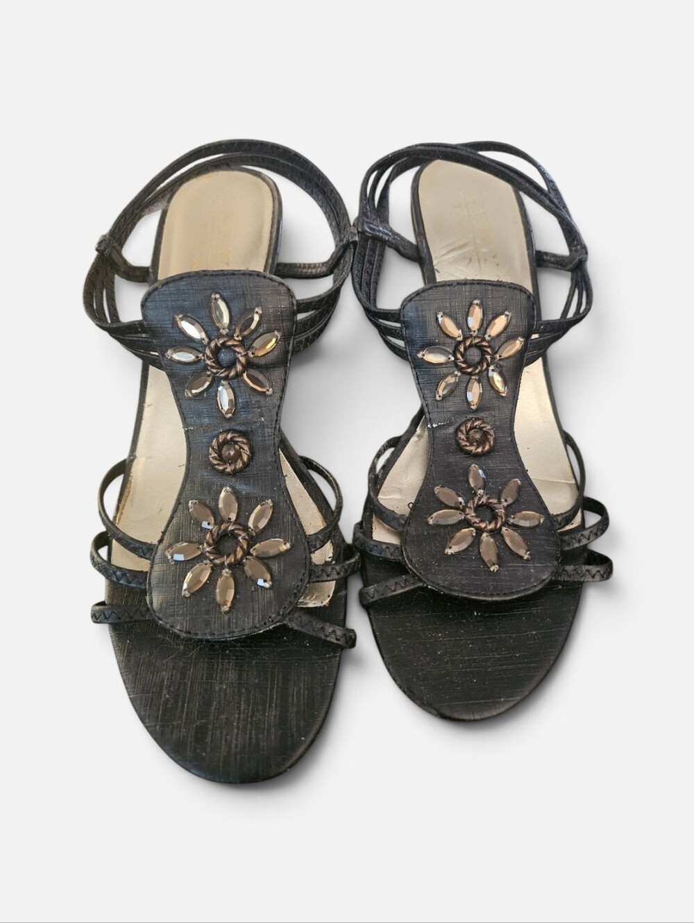 New York Transit Black Jeweled Floral Wedge Sandals